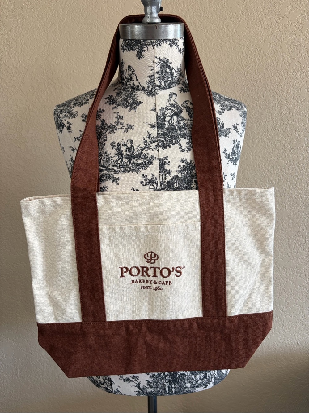 Porto's Two-Tone Cream and Brown Canvas Mini Tote Bag